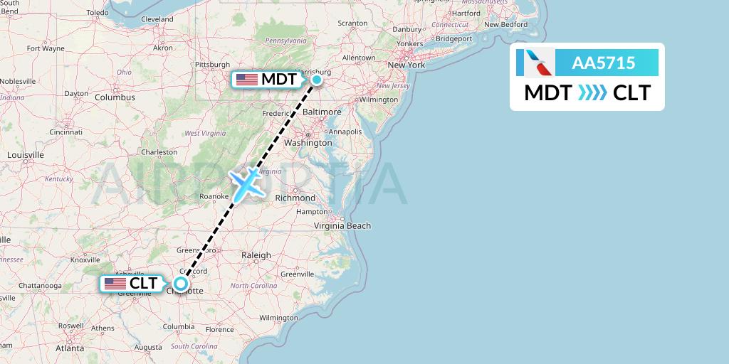 AA5715 American Airlines Flight Map: Harrisburg to Charlotte