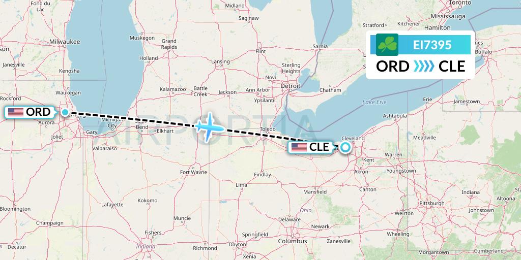 EI7395 Aer Lingus Flight Map: Chicago to Cleveland
