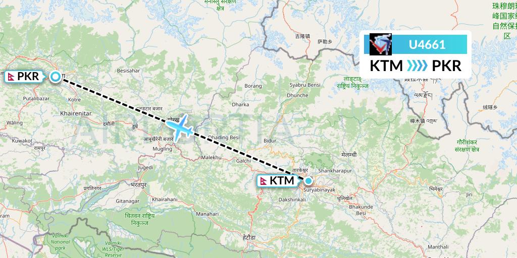U4661 Buddha Air Flight Map: Kathmandu to Pokhara