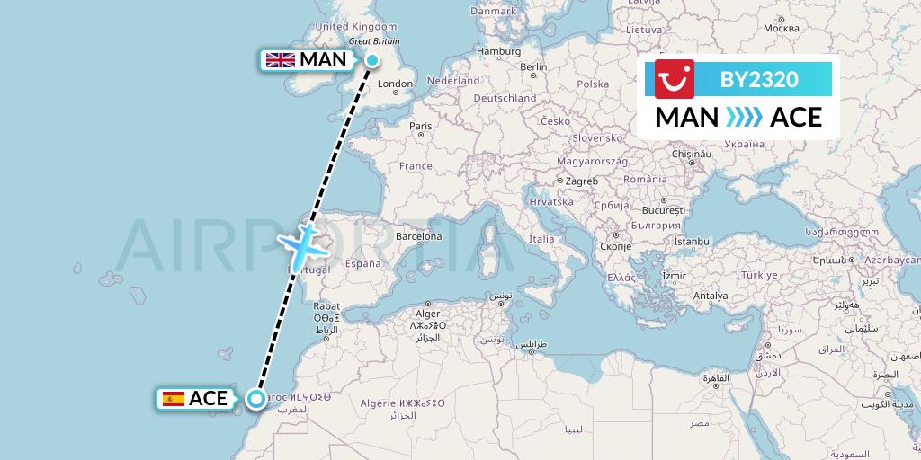 BY2320 TUI Airways Flight Map: Manchester to Lanzarote