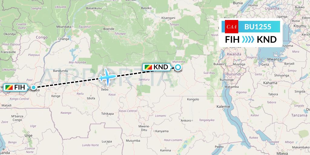 BU1255 flyCAA Flight Map: Kinshasa to Kindu