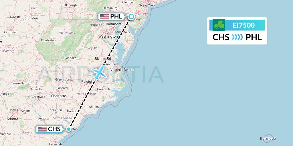 EI7500 Aer Lingus Flight Map: Charleston to Philadelphia