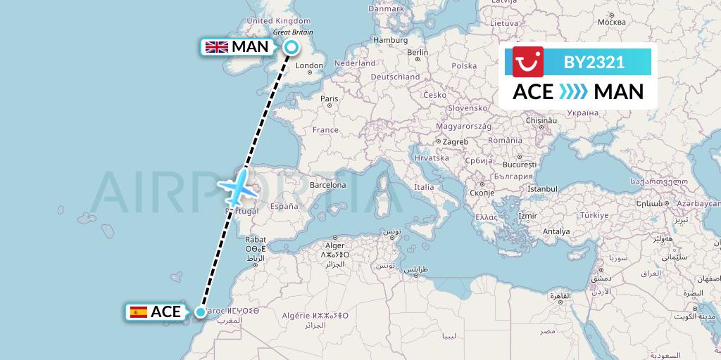 BY2321 TUI Airways Flight Map: Lanzarote to Manchester