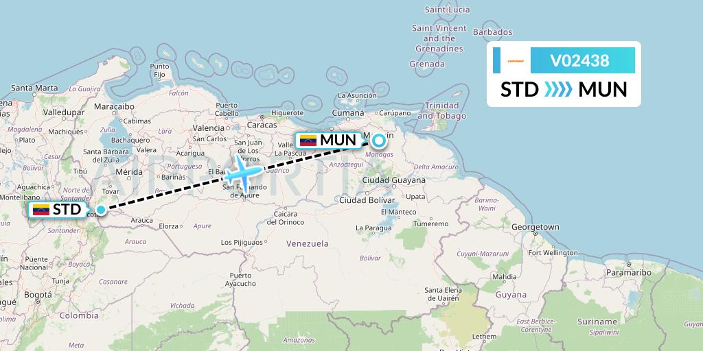 V02438 Conviasa Flight Map: Santo Domingo to Maturin