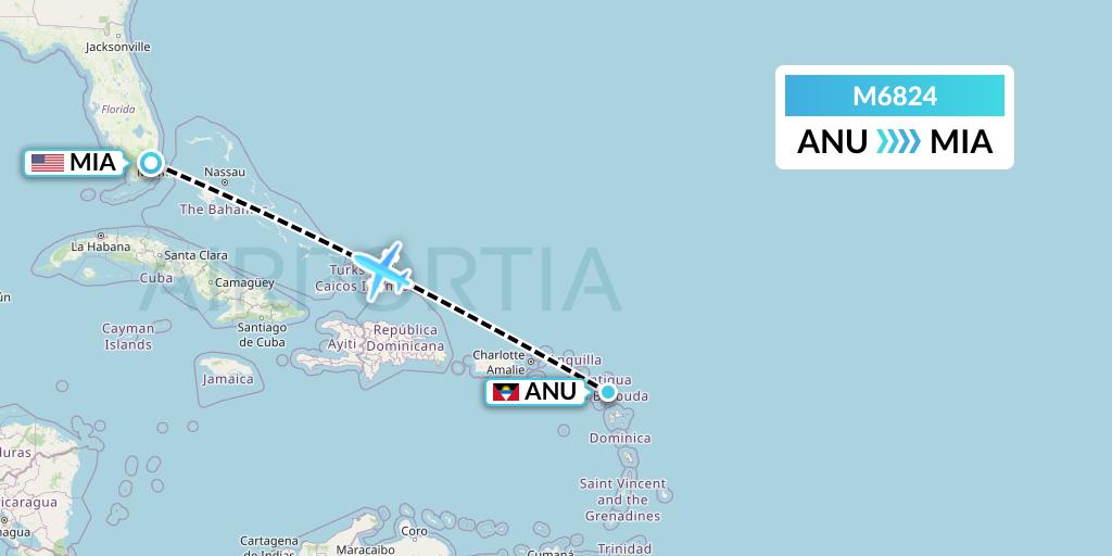 M6824 Amerijet International Flight Map: Antigua to Miami