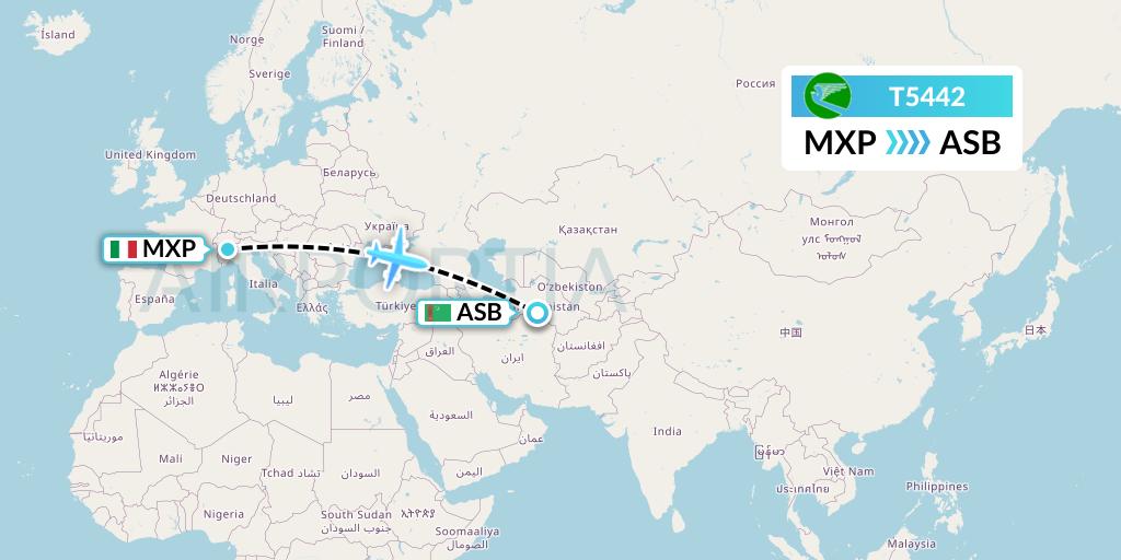 T5442 Turkmenistan Airlines Flight Map: Milan to Ashgabat