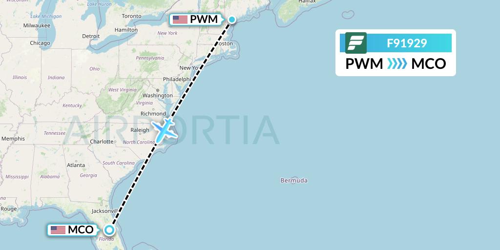 F91929 Frontier Airlines Flight Map: Portland to Orlando