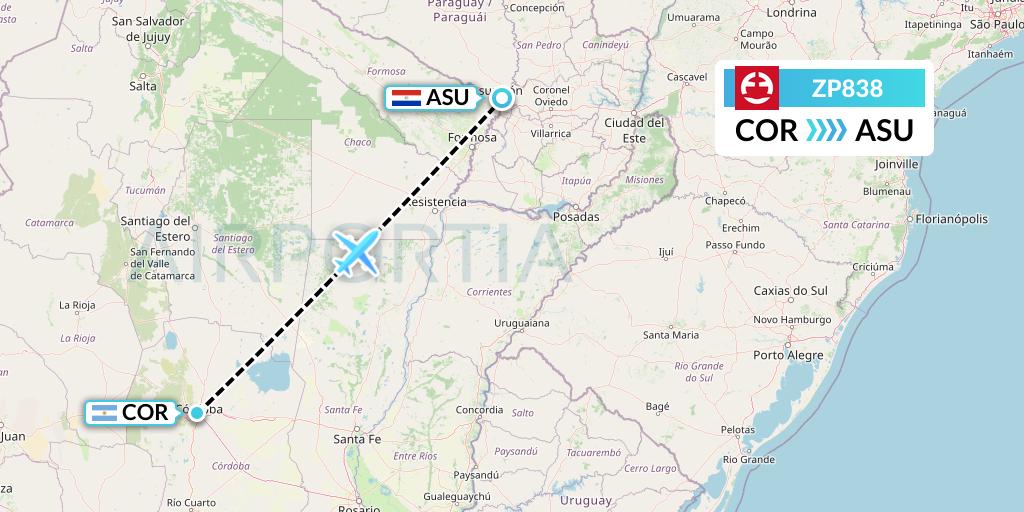 ZP838 Paranair Flight Map: Cordoba to Asuncion