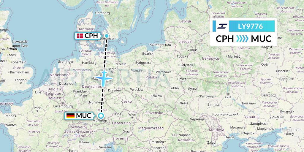 LY9776 El Al Flight Map: Copenhagen to Munich