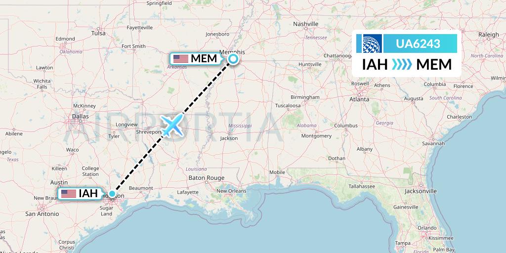 UA6243 United Airlines Flight Map: Houston to Memphis