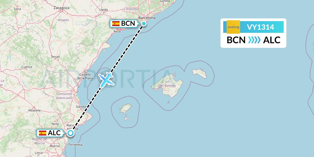 VY1314 Vueling Flight Map: Barcelona to Alicante