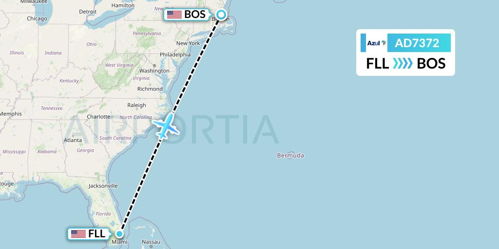 AD7372 Azul Brazilian Airlines Flight Map: Fort Lauderdale to Boston