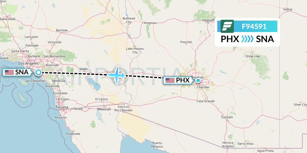 F94591 Frontier Airlines Flight Map: Phoenix to Orange County