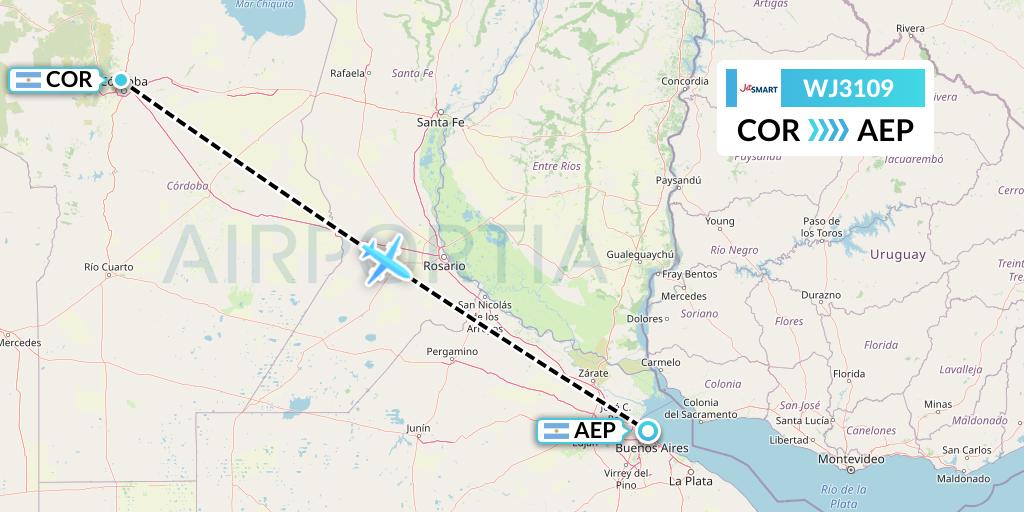 WJ3109 Jetsmart Airlines Flight Map: Cordoba to Buenos Aires