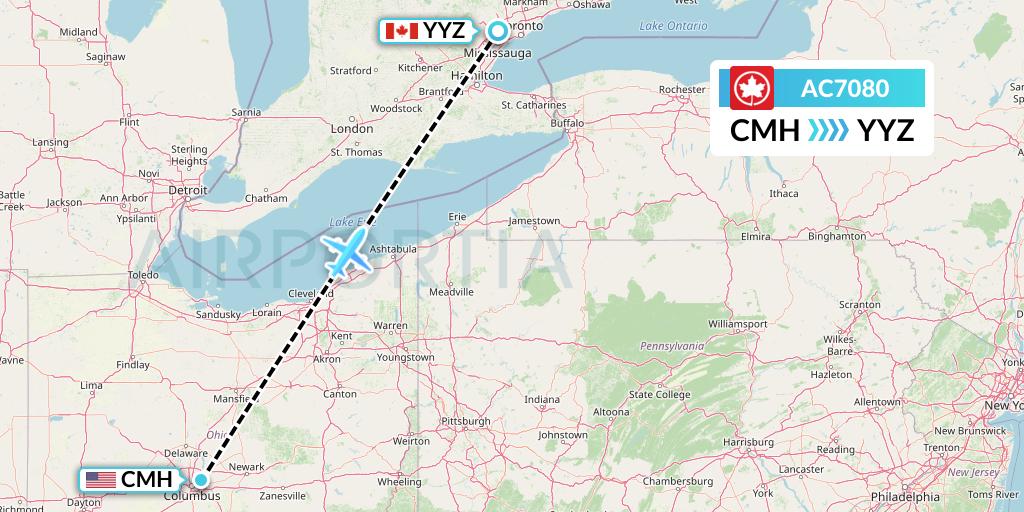AC7080 Air Canada Flight Map: Columbus to Toronto