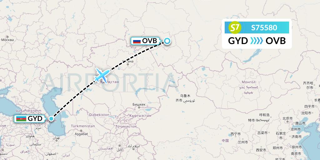 S75580 S7 Airlines Flight Map: Baku to Novosibirsk