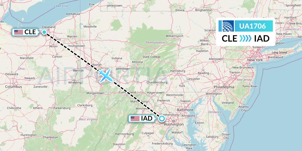 UA1706 United Airlines Flight Map: Cleveland to Washington