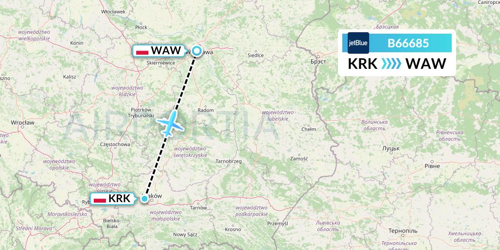 B66685 JetBlue Airways Flight Map: Krakow to Warsaw