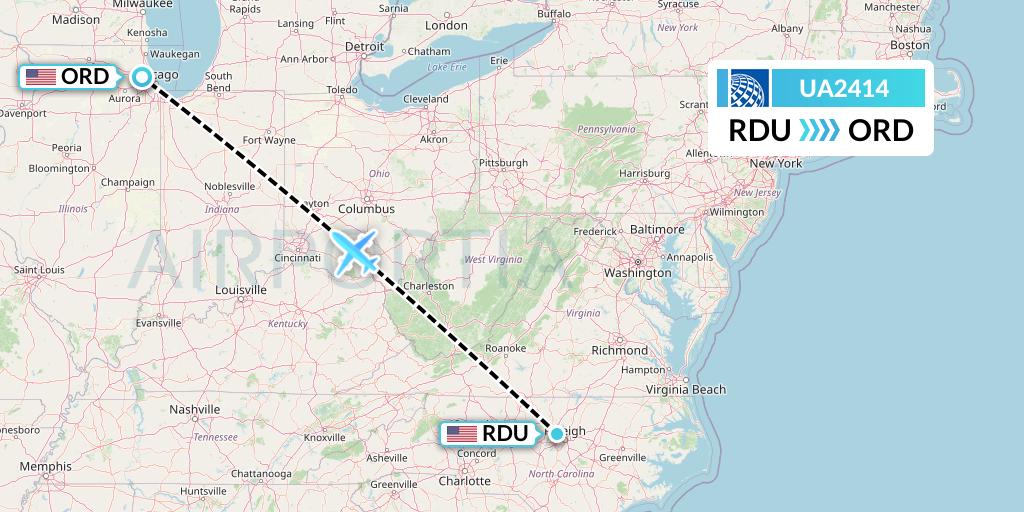 UA2414 United Airlines Flight Map: Raleigh-Durham to Chicago