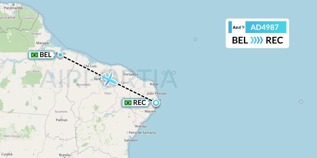 AD4987 Azul Brazilian Airlines Flight Map: Belem to Recife