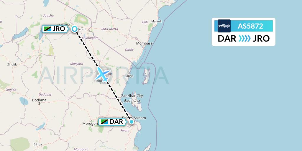 AS5872 Alaska Airlines Flight Map: Dar-es-Salaam to Kilimanjaro