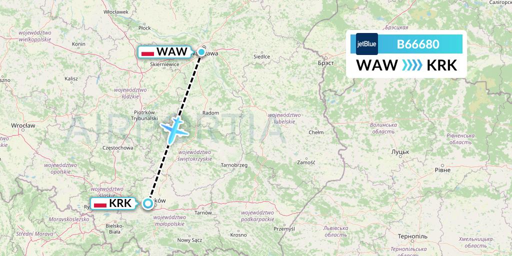 B66680 JetBlue Airways Flight Map: Warsaw to Krakow