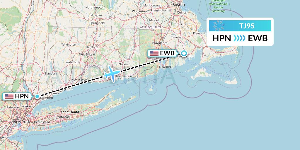 TJ95 Tradewind Aviation Flight Map: White Plains to New Bedford