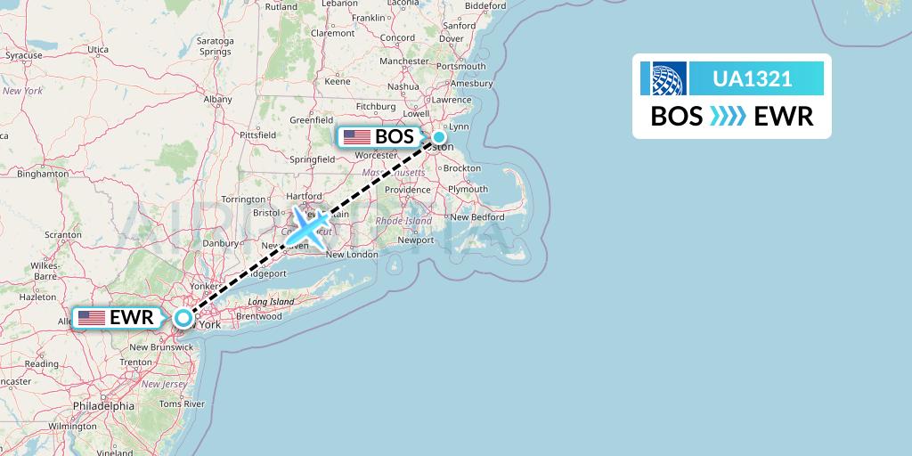 UA1321 United Airlines Flight Map: Boston to New York