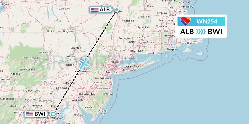 WN254 Southwest Airlines Flight Map: Albany to Baltimore