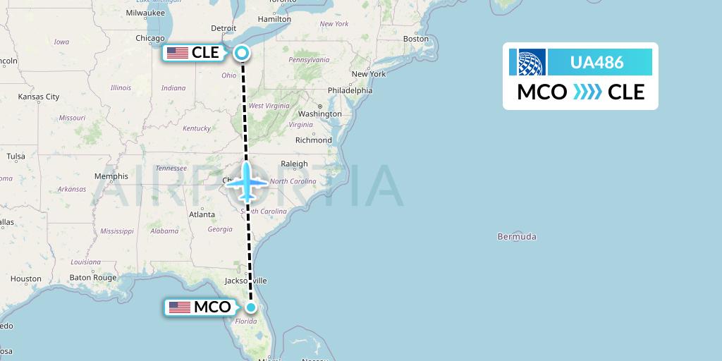 UA486 United Airlines Flight Map: Orlando to Cleveland