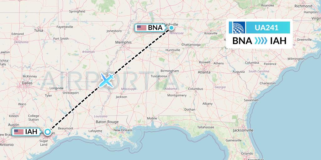 UA241 United Airlines Flight Map: Nashville to Houston
