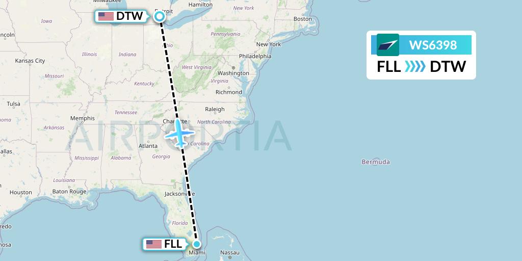 WS6398 WestJet Flight Map: Fort Lauderdale to Detroit