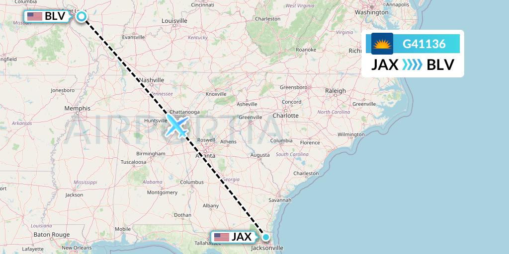 G41136 Allegiant Air Flight Map: Jacksonville to Belleville