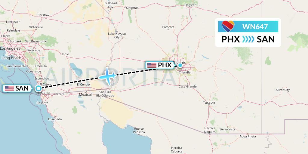 WN647 Southwest Airlines Flight Map: Phoenix to San Diego