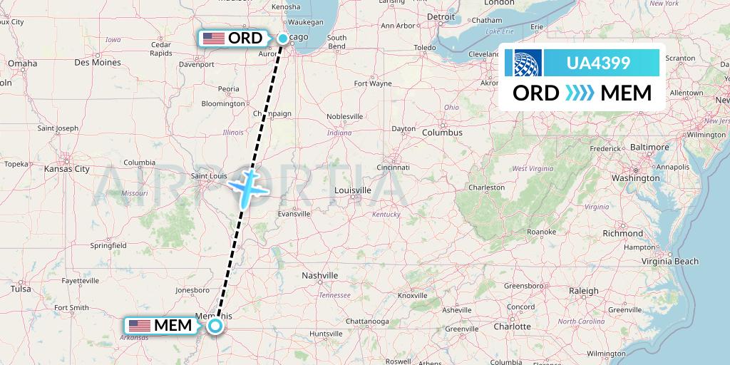 UA4399 United Airlines Flight Map: Chicago to Memphis