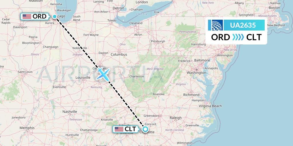 UA2635 United Airlines Flight Map: Chicago to Charlotte