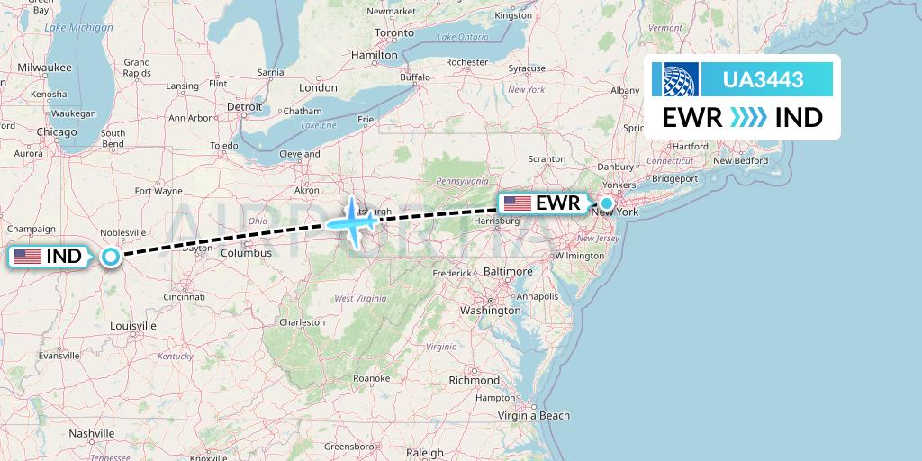 UA3443 United Airlines Flight Map: New York to Indianapolis