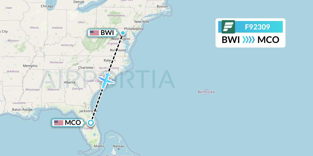F92309 Frontier Airlines Flight Map: Baltimore to Orlando