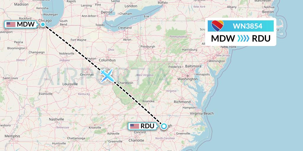WN3854 Southwest Airlines Flight Map: Chicago to Raleigh-Durham