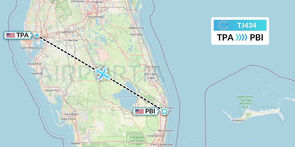 TJ434 Tradewind Aviation Flight Map: Tampa to West Palm Beach