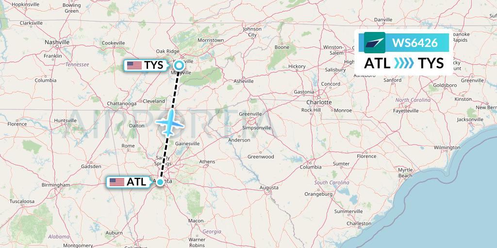 WS6426 WestJet Flight Map: Atlanta to Knoxville