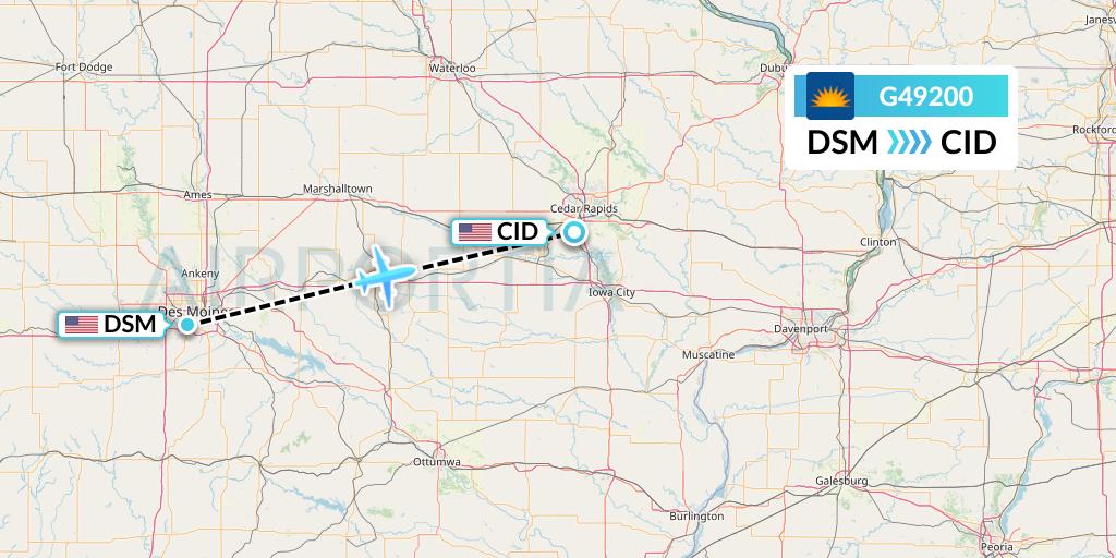 G49200 Allegiant Air Flight Map: Des Moines to Cedar Rapids