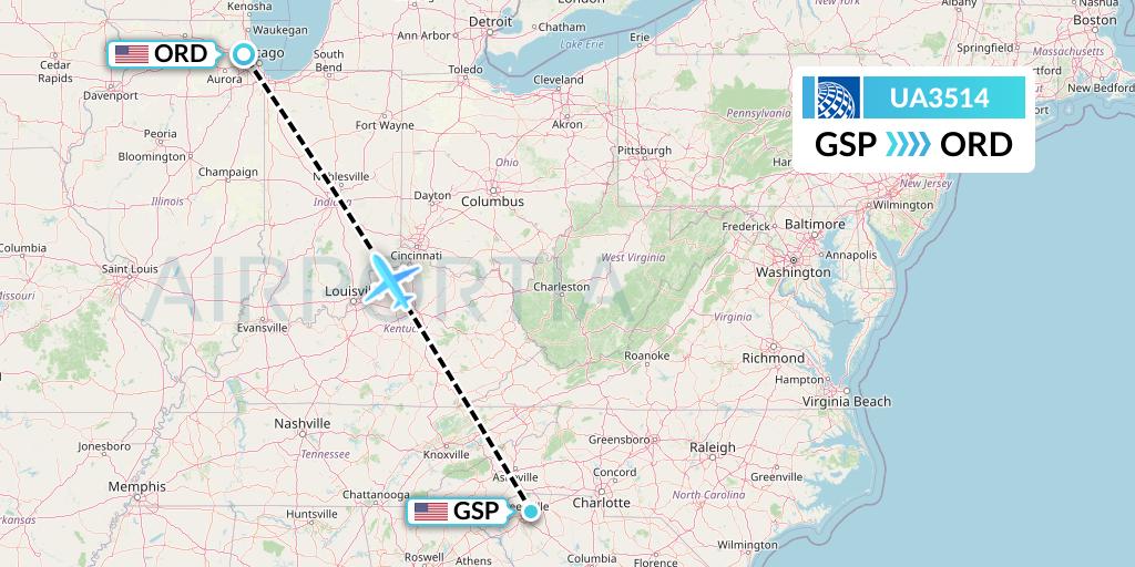 UA3514 United Airlines Flight Map: Greenville-Spartanburg to Chicago