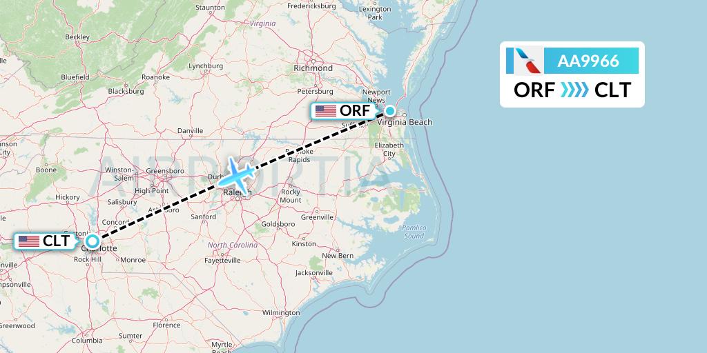 AA9966 American Airlines Flight Map: Norfolk to Charlotte
