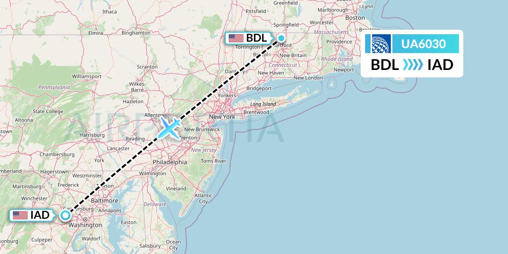 UA6030 United Airlines Flight Map: Windsor Locks to Washington