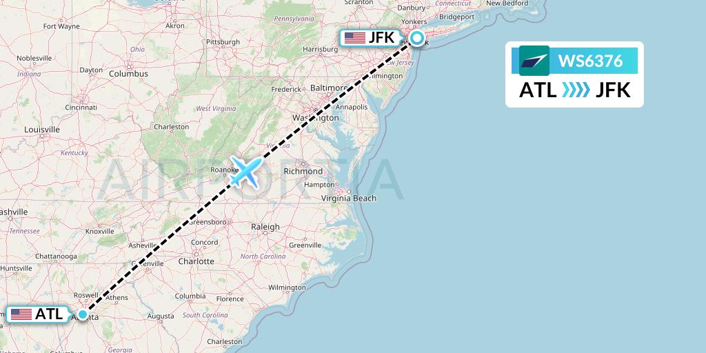 WS6376 WestJet Flight Map: Atlanta to New York