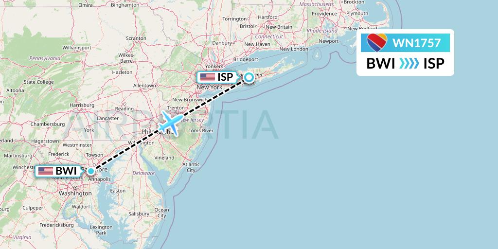 WN1757 Southwest Airlines Flight Map: Baltimore to Islip