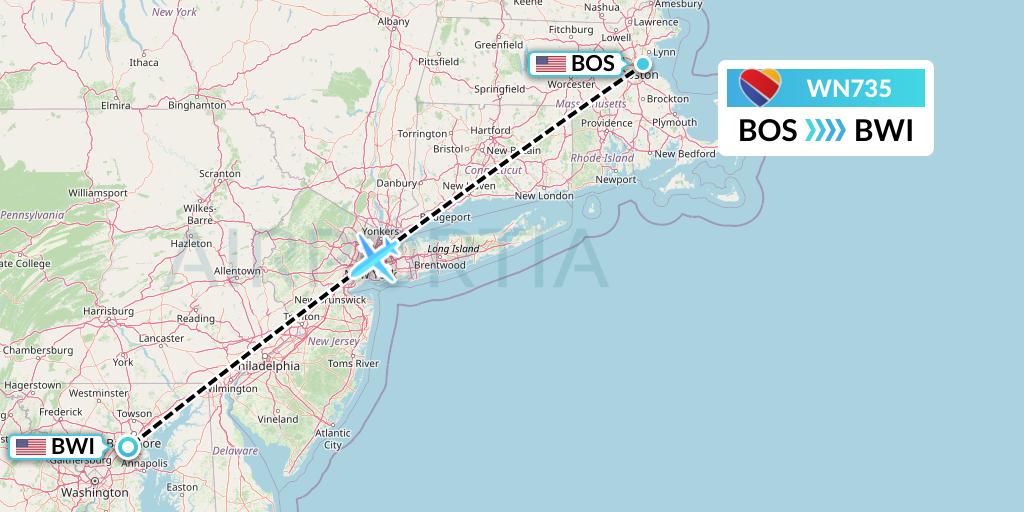 WN735 Southwest Airlines Flight Map: Boston to Baltimore