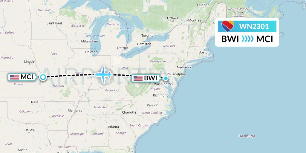 WN2301 Southwest Airlines Flight Map: Baltimore to Kansas City