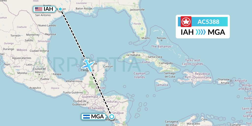 AC5388 Air Canada Flight Map: Houston to Managua
